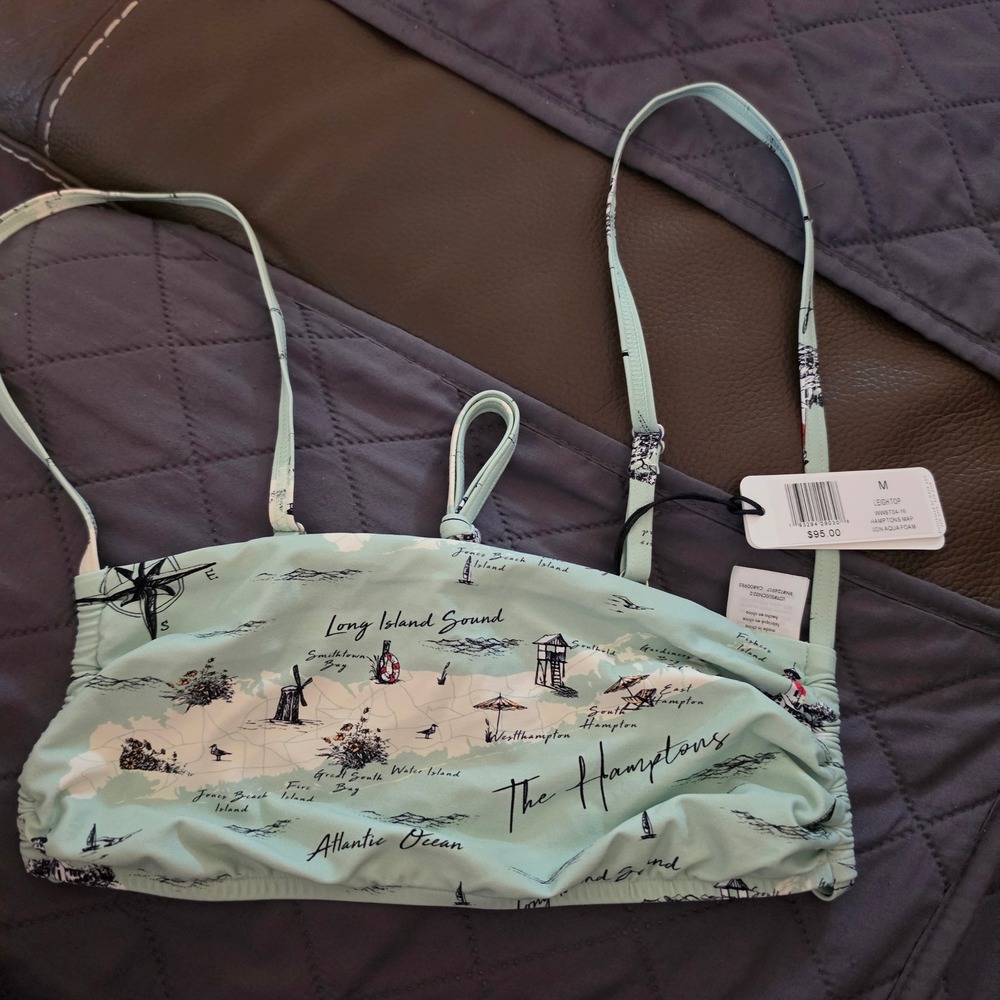 We Wore What Leigh Bikini Top Hamptons Map Aqua Foam WWST04-16 Medium NWT